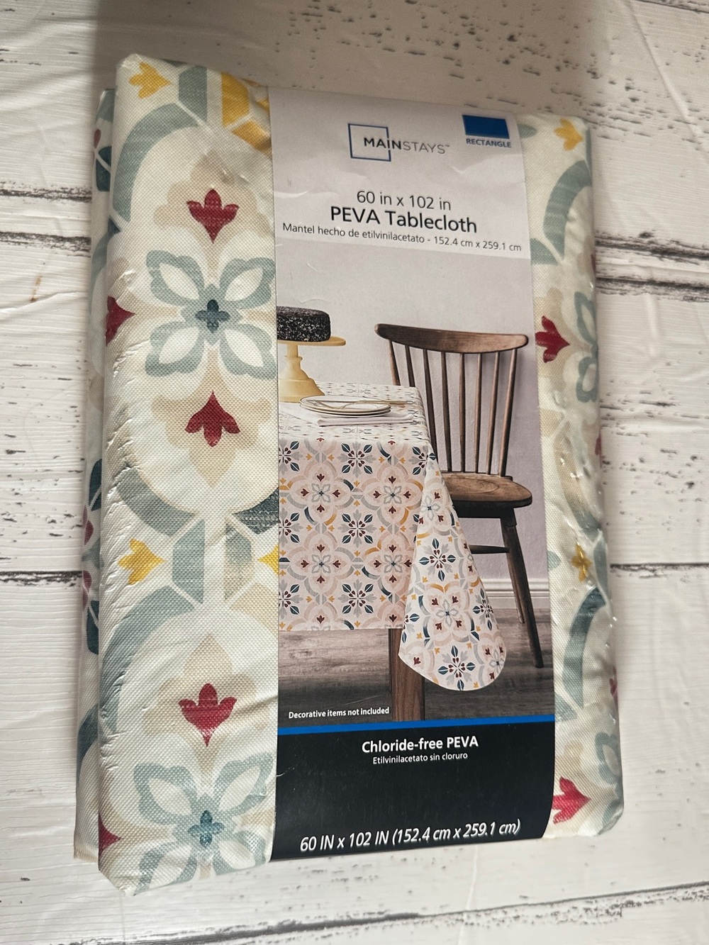 Mainstays Floral Tile PEVA Tablecloth in Teal, Yellow & Red Accents 60”wx102”L